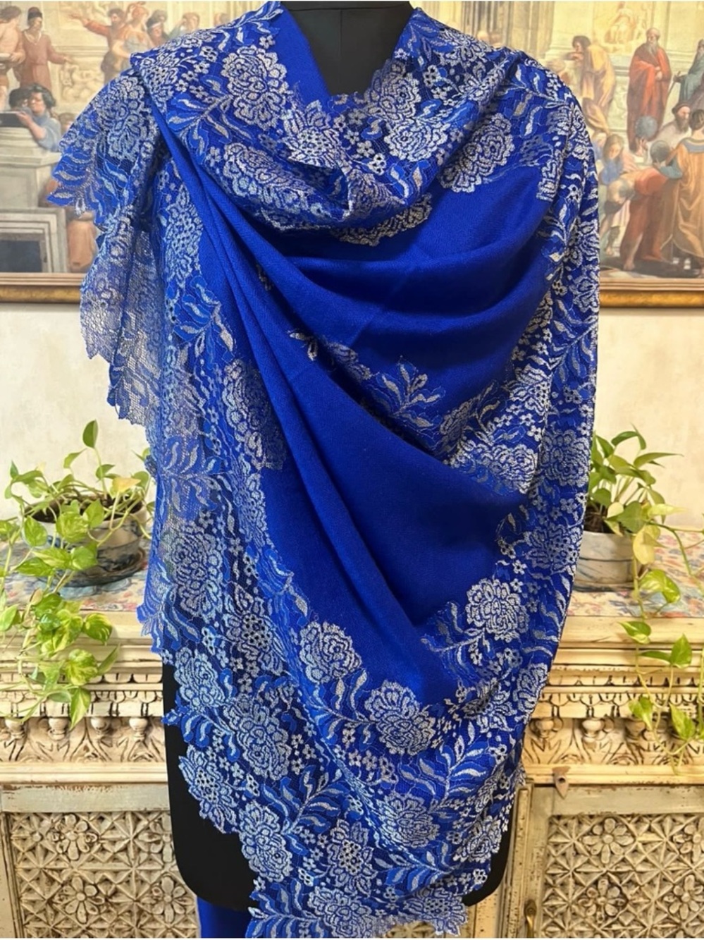 Elegant Blue Floral Lace Wrap Scarf
